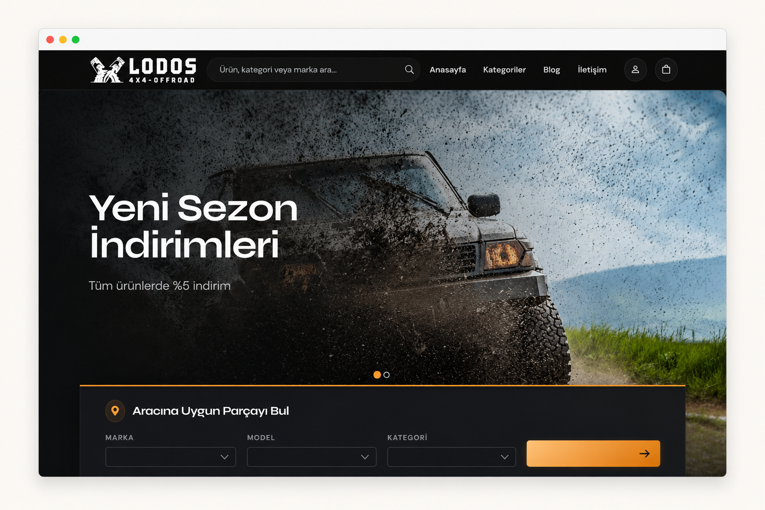 Lodos 4x4 e-ticaret sitesi ana sayfa görünümü