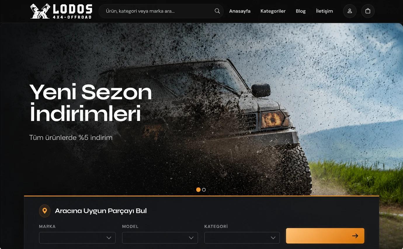 Lodos 4x4 e-ticaret sitesi ana sayfa görünümü