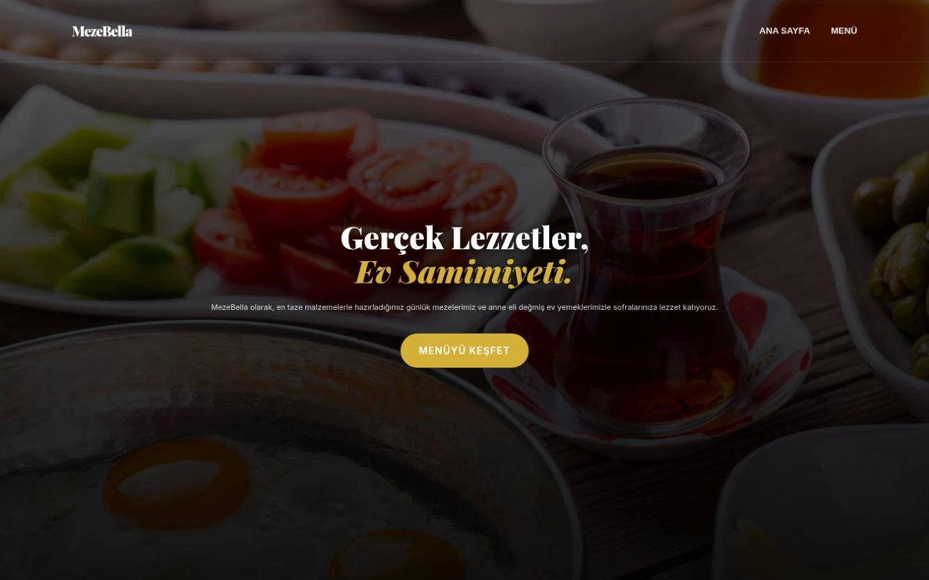 MezeBella restoran web sitesinin ana sayfa ve menü görünümü