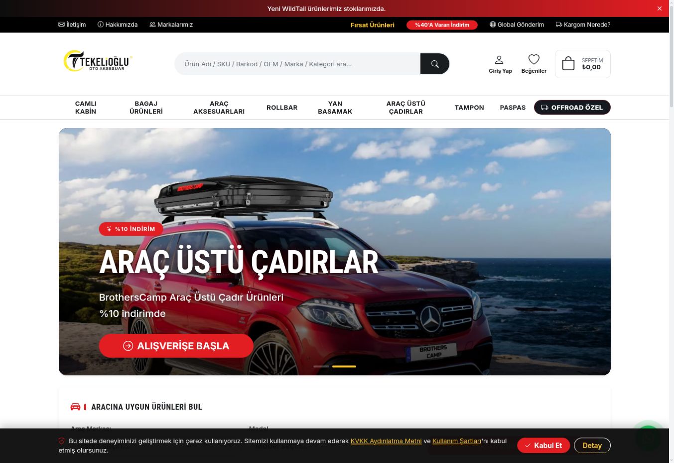 Tekelioğlu Oto Aksesuar e-ticaret sitesinin ürün ve araç uyumluluğu arayüzü