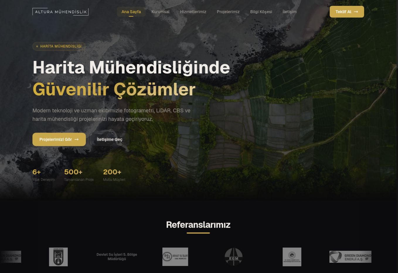 Altura Mühendislik web sitesinin harita mühendisliği hizmetlerini tanıtan ana sayfası
