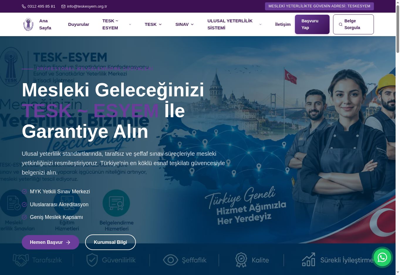 TESK ESYEM web sitesinin mesleki yeterlilik ve belgelendirme hizmetlerini tanıtan ana sayfası