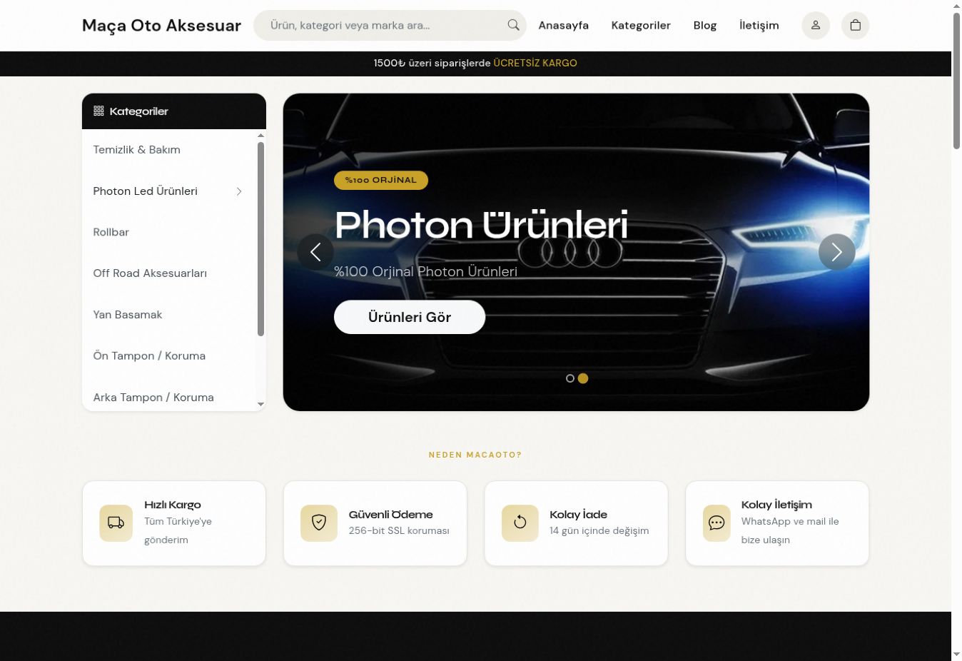 Maça Oto Aksesuar e-ticaret sitesinin ürün kategorileri ve ana sayfa görünümü