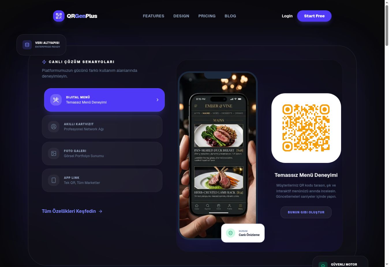 QR Generator Plus web sitesinin QR kod çözümlerini tanıtan ana sayfası