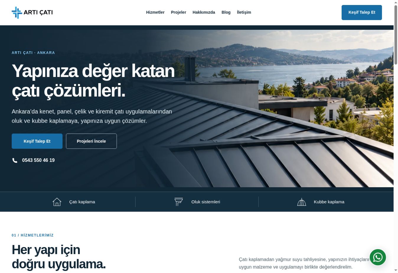 Artı Çatı web sitesinin çatı uygulamalarını ve hizmetlerini tanıtan ana sayfası